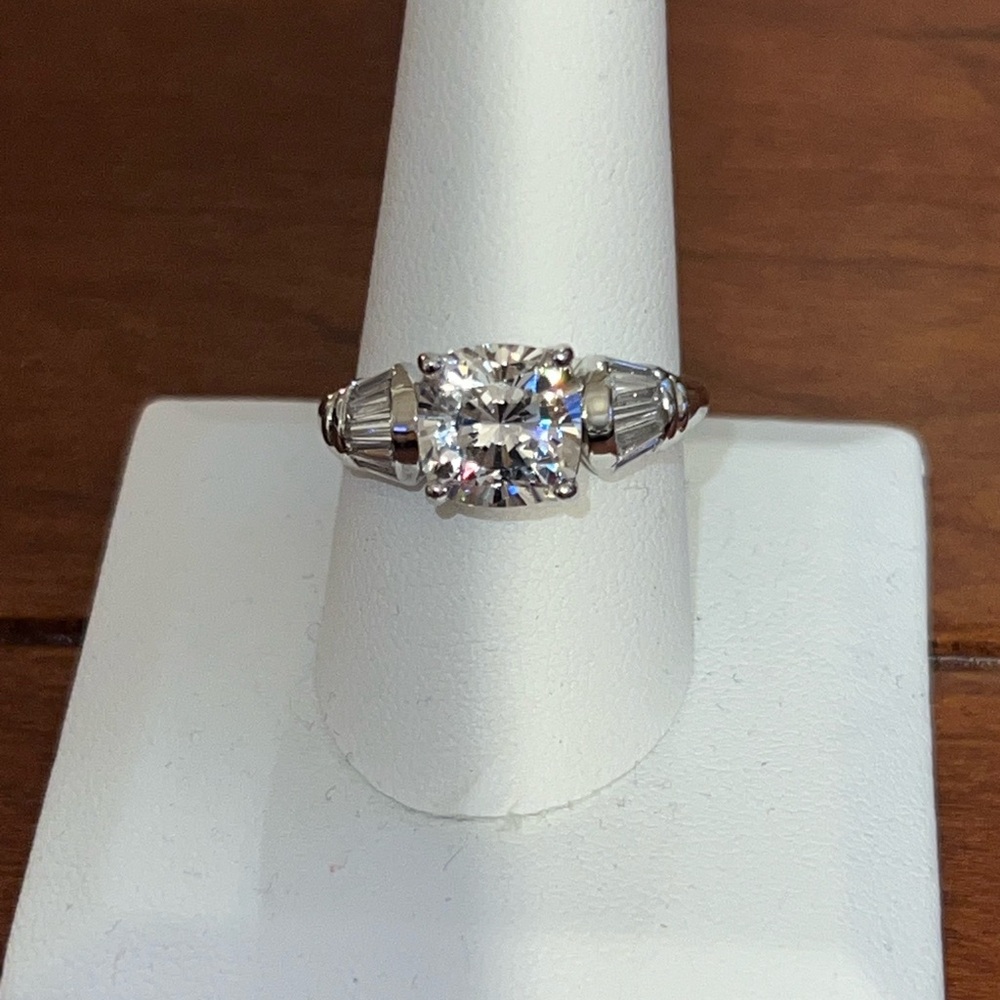 Cushion-Cut CZ Engagement Ring W/ Side Baguettes Size 10 Sterling 925 Never Worn